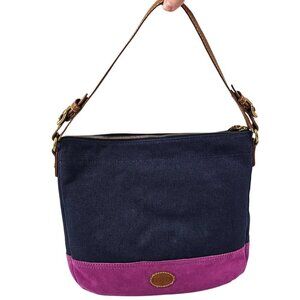 Vintage Fossil Suede Navy and Purple Adjustable Strap Full Zip Shoulder Handbag